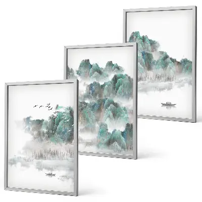 Fotowand met een Japandi-landschap van bergen, wolken, vogels en een boot