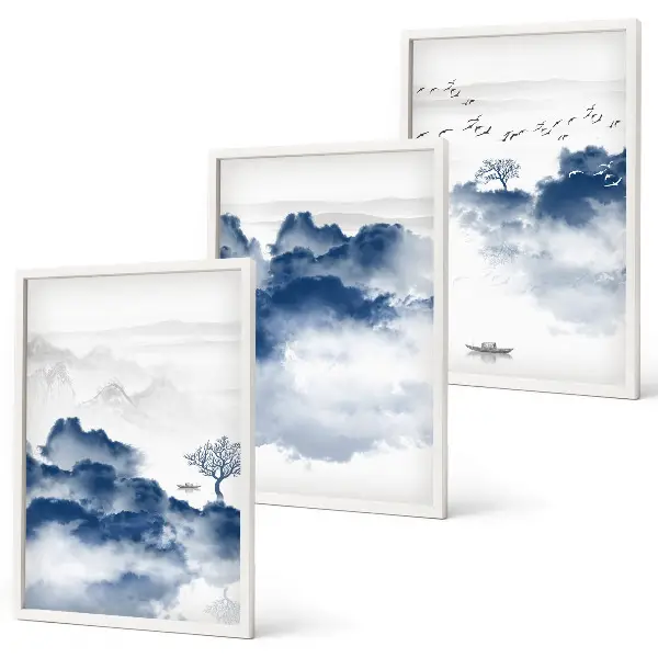 Set van schilderijen als wanddecoratie met wolken bergen bomen en vogels