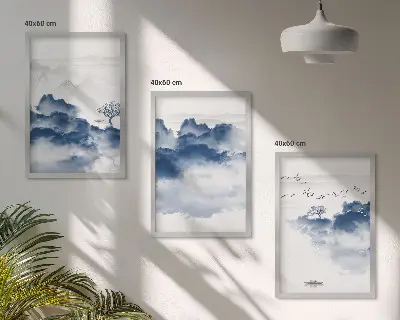 Set van schilderijen als wanddecoratie met wolken bergen bomen en vogels