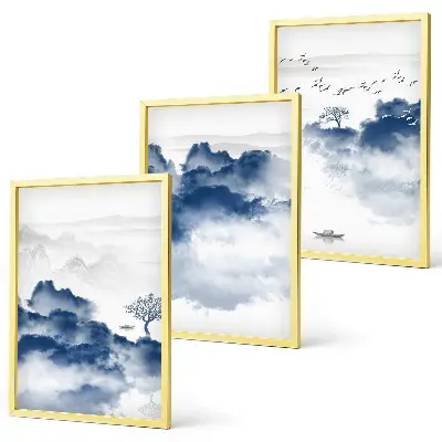 Set van schilderijen als wanddecoratie met wolken bergen bomen en vogels