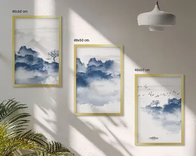 Set van schilderijen als wanddecoratie met wolken bergen bomen en vogels