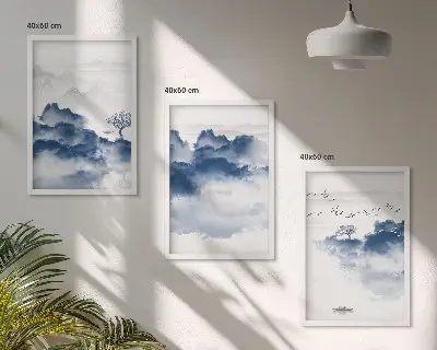 Set van schilderijen als wanddecoratie met wolken bergen bomen en vogels