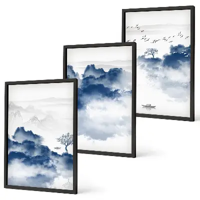Set van schilderijen als wanddecoratie met wolken bergen bomen en vogels