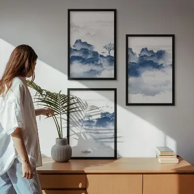 Set van schilderijen als wanddecoratie met wolken bergen bomen en vogels