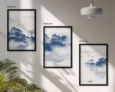 Set van schilderijen als wanddecoratie met wolken bergen bomen en vogels