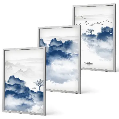 Set van schilderijen als wanddecoratie met wolken bergen bomen en vogels