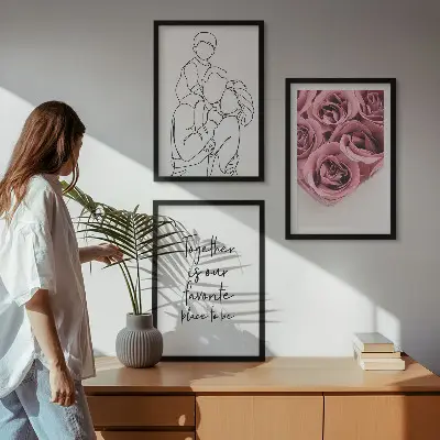 Wanddecoratieset schilderijen line-art rozenboeketten
