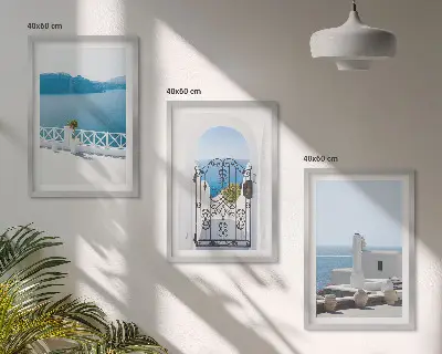 Wanddecoratieset schilderijen met afbeelding van witte gebouwen aan de zee in Griekenland