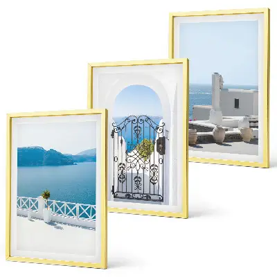 Wanddecoratieset schilderijen met afbeelding van witte gebouwen aan de zee in Griekenland