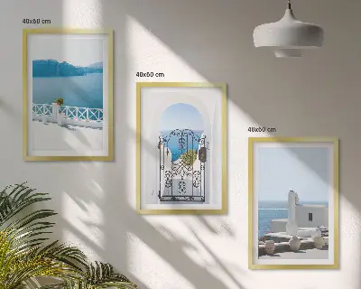 Wanddecoratieset schilderijen met afbeelding van witte gebouwen aan de zee in Griekenland