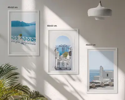 Wanddecoratieset schilderijen met afbeelding van witte gebouwen aan de zee in Griekenland