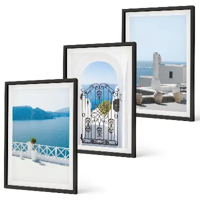 Wanddecoratieset schilderijen met afbeelding van witte gebouwen aan de zee in Griekenland