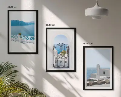 Wanddecoratieset schilderijen met afbeelding van witte gebouwen aan de zee in Griekenland