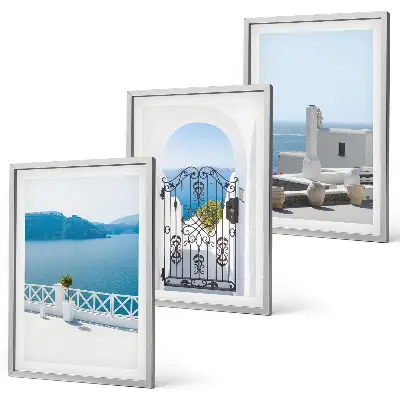 Wanddecoratieset schilderijen met afbeelding van witte gebouwen aan de zee in Griekenland