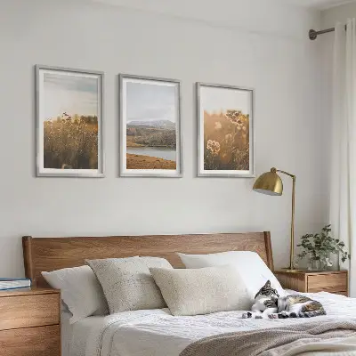 Wanddecoratie set schilderijen met landschappen van weilanden bergen en meren