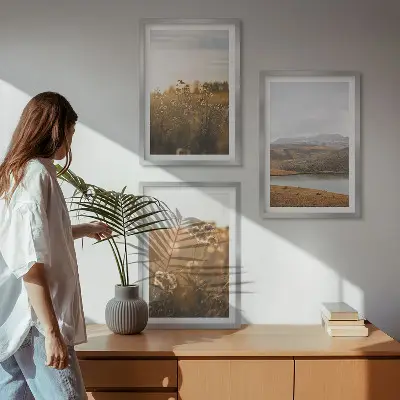 Wanddecoratie set schilderijen met landschappen van weilanden bergen en meren