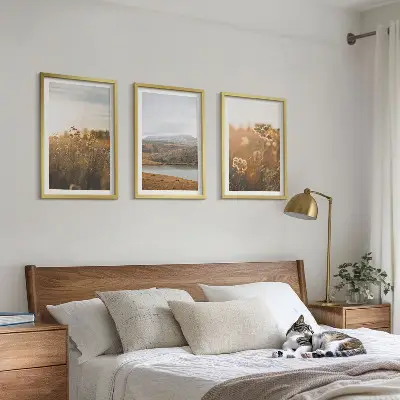 Wanddecoratie set schilderijen met landschappen van weilanden bergen en meren