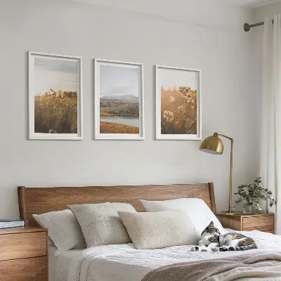 Wanddecoratie set schilderijen met landschappen van weilanden bergen en meren
