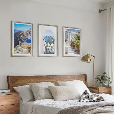 Set wanddecoratie met schilderijen architectuur van Oia op Santorini