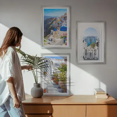 Set wanddecoratie met schilderijen architectuur van Oia op Santorini