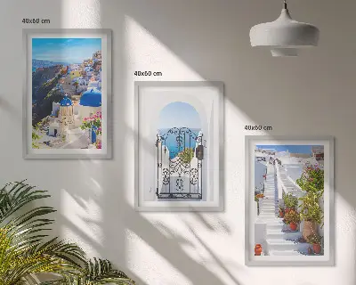 Set wanddecoratie met schilderijen architectuur van Oia op Santorini