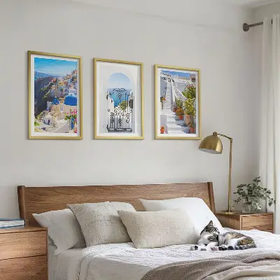 Set wanddecoratie met schilderijen architectuur van Oia op Santorini