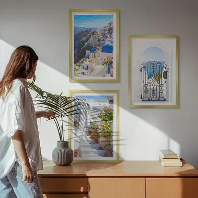 Set wanddecoratie met schilderijen architectuur van Oia op Santorini