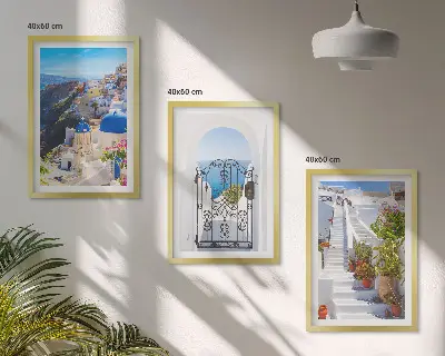 Set wanddecoratie met schilderijen architectuur van Oia op Santorini