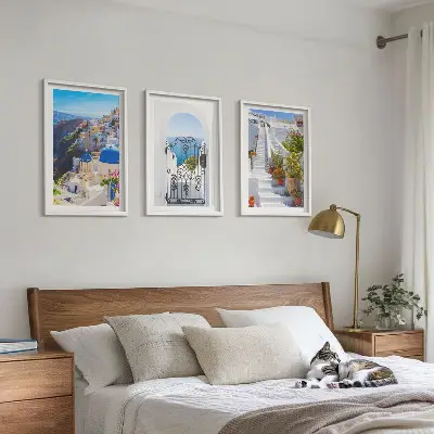 Set wanddecoratie met schilderijen architectuur van Oia op Santorini
