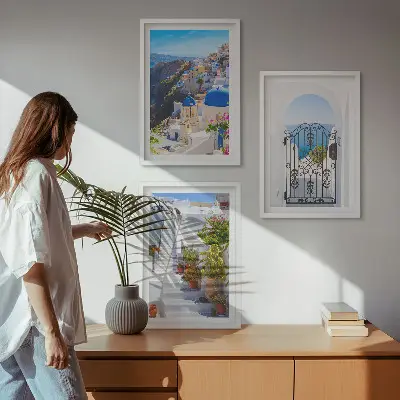 Set wanddecoratie met schilderijen architectuur van Oia op Santorini