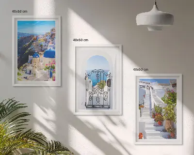 Set wanddecoratie met schilderijen architectuur van Oia op Santorini