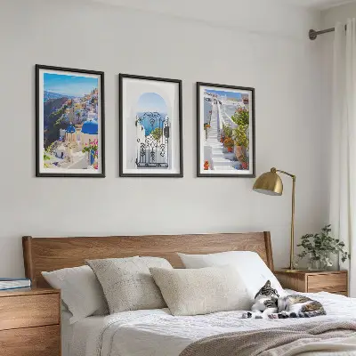 Set wanddecoratie met schilderijen architectuur van Oia op Santorini