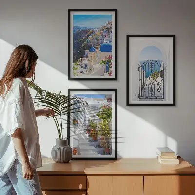 Set wanddecoratie met schilderijen architectuur van Oia op Santorini