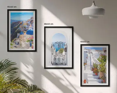 Set wanddecoratie met schilderijen architectuur van Oia op Santorini