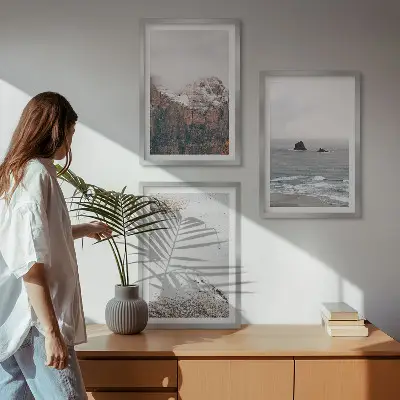 Wanddecoratieset schilderijen met afbeeldingen van bergen wolken zee en zand