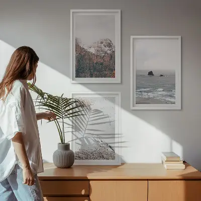 Wanddecoratieset schilderijen met afbeeldingen van bergen wolken zee en zand