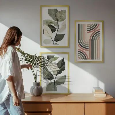 Set wanddecoratie met schilderijen met geometrische plantenmotieven