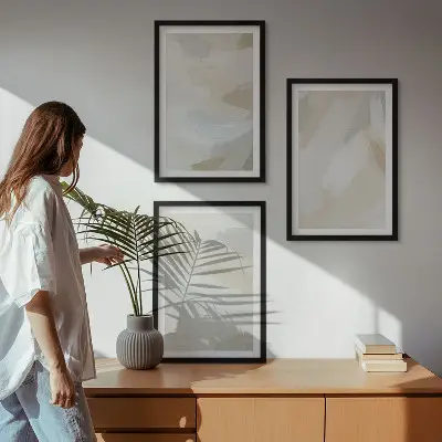Wanddecoratieset schilderijen met abstracte penseelstreekachtergrond