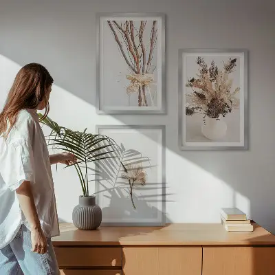 Wanddecoratieset schilderijen met minimalistische bloementakken