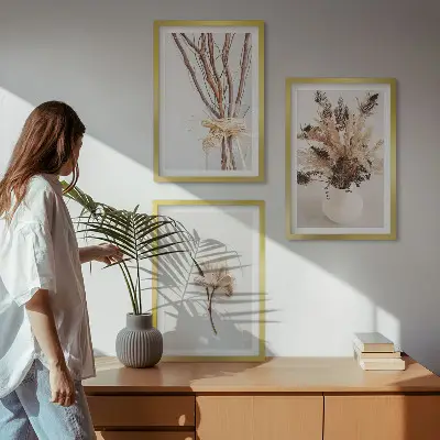 Wanddecoratieset schilderijen met minimalistische bloementakken