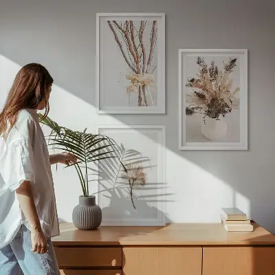 Wanddecoratieset schilderijen met minimalistische bloementakken