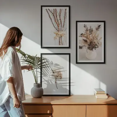 Wanddecoratieset schilderijen met minimalistische bloementakken