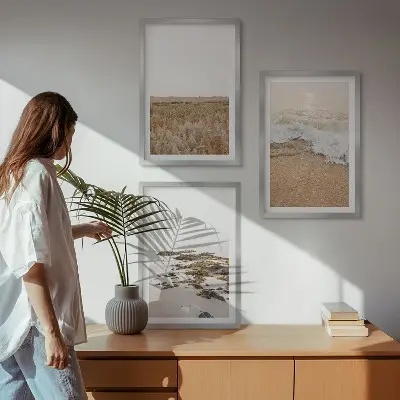 Wanddecoratieset schilderijen met strand, golven en stenen in de zomer