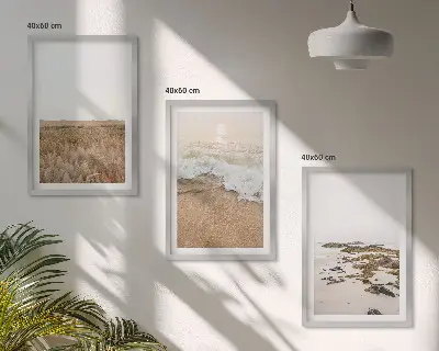 Wanddecoratieset schilderijen met strand, golven en stenen in de zomer