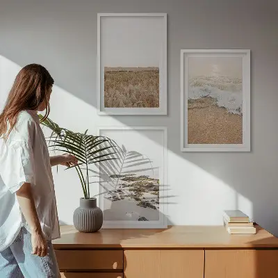Wanddecoratieset schilderijen met strand, golven en stenen in de zomer