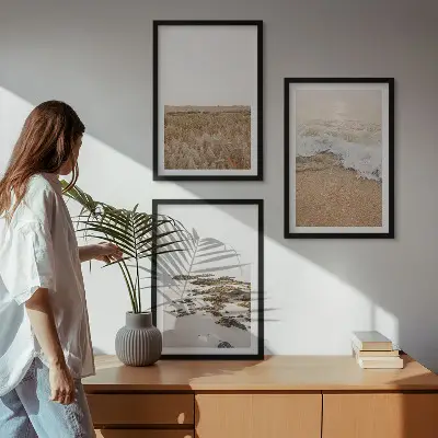 Wanddecoratieset schilderijen met strand, golven en stenen in de zomer