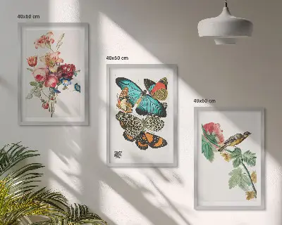 Wanddecoratieset schilderijen met bloemen, vlinders en vogels in pastelkleuren