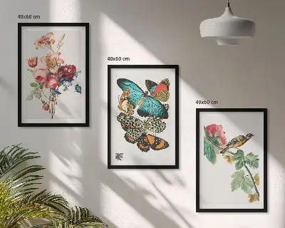 Wanddecoratieset schilderijen met bloemen, vlinders en vogels in pastelkleuren