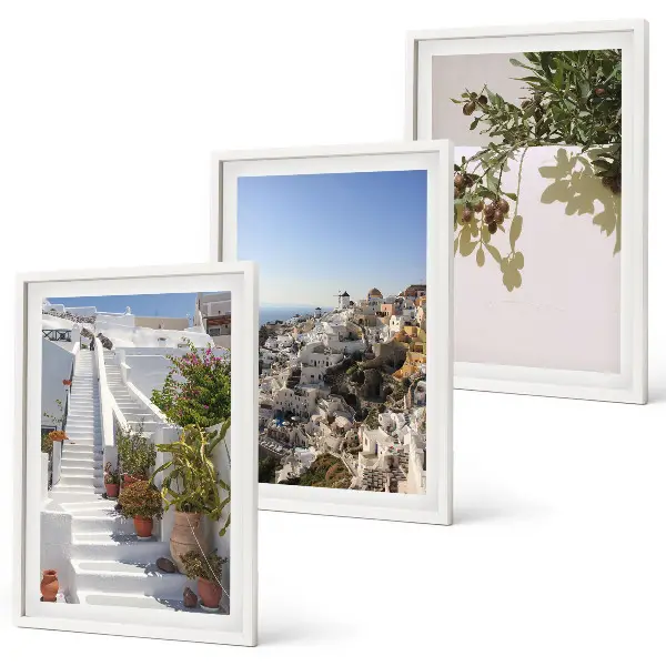 Wanddecoratieset schilderijen witte trap met uitzicht op Santorini