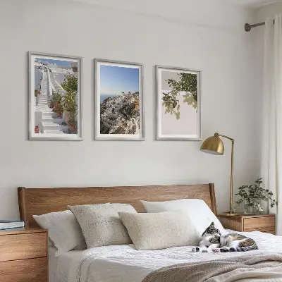 Wanddecoratieset schilderijen witte trap met uitzicht op Santorini